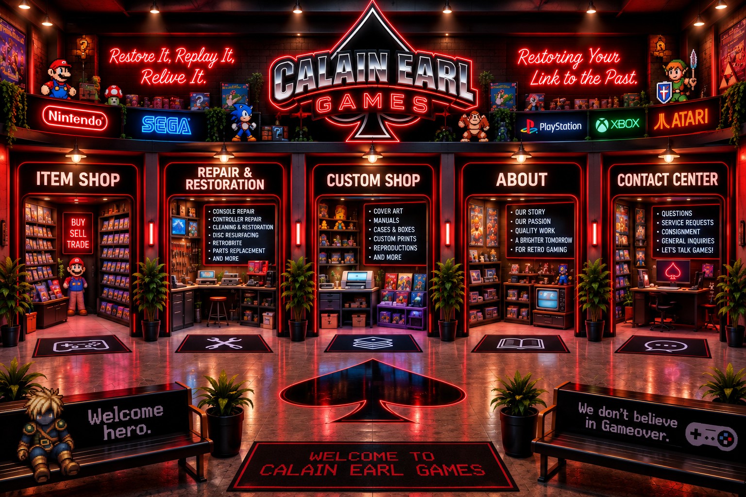 Calain Earl Games lobby with Item Shop, Repair and Restoration, Custom Shop, About, and Contact Center rooms