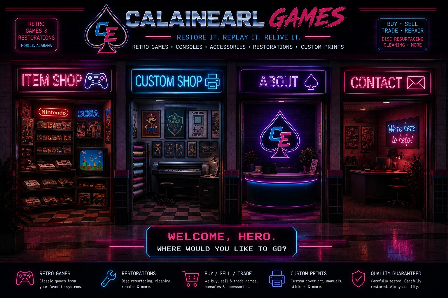 Calainearl Games retro mall with Item Shop, Custom Shop, About, and Contact rooms