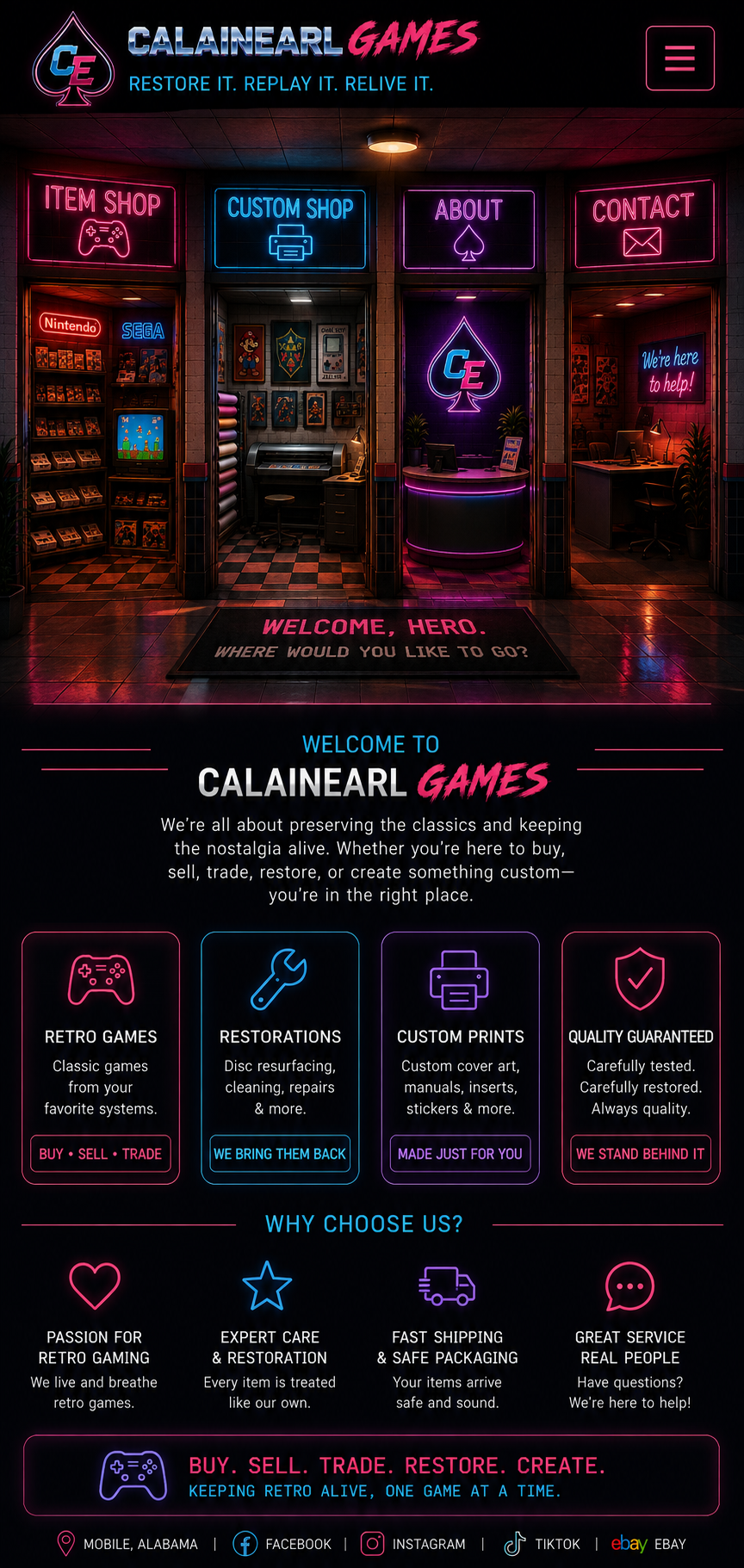 Neon Calainearl Games entrance lobby with four rooms and more information below