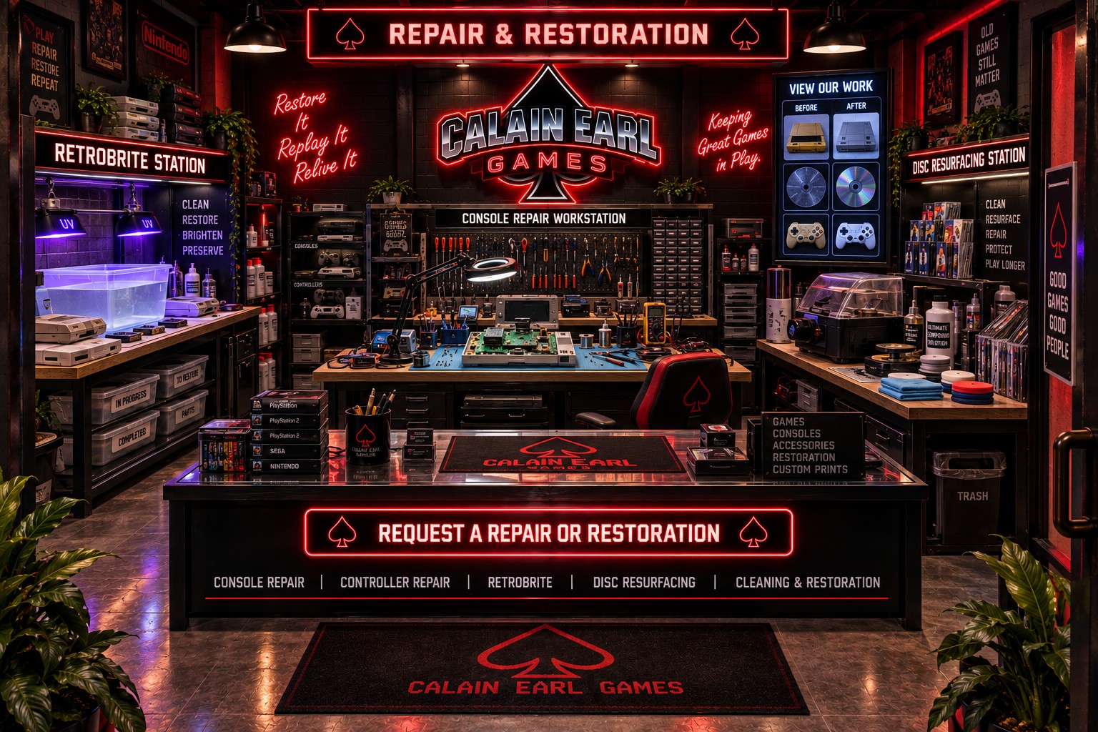 Calain Earl Games Repair and Restoration room with Retrobrite, console repair, disc resurfacing, and before and after work areas